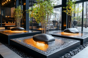 Poster - A futuristic Zen garden with glowing, holographic gravel patterns, sleek metallic stones, and a floating water fountain illuminated by soft neon lights