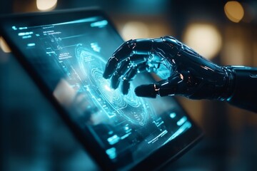 Poster - A futuristic vision of zinc being used in advanced technologies, with glowing holographic displays and robotic arms manipulating zinc materials
