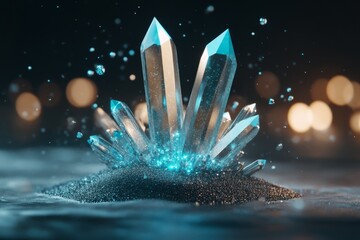 Poster - A magical scene of a zinc crystal glowing with an ethereal blue light, surrounded by floating particles in a mystical cave