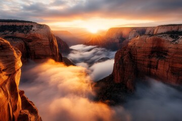 Poster - A panoramic view of Zion Canyon at sunrise, with layers of cliffs and plateaus glowing in warm light