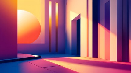 Poster - Dynamic abstract geometry modern interior space digital art colorful environment wide perspective artistic concept