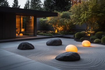 Poster - A serene Zen garden designed for evening meditation, illuminated by soft, warm lantern light and framed by a starry night sky