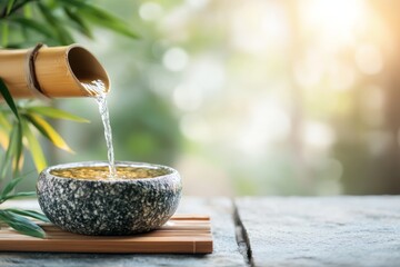 Poster - A simple geometric representation of a bamboo water fountain pouring into a stone basin, with clean lines and muted earthy tones