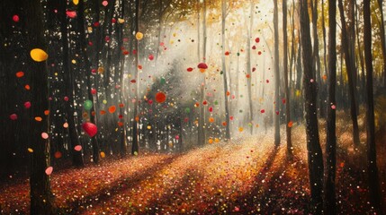 Wall Mural - Autumnal Forest With Falling Leaves A Magical Scene