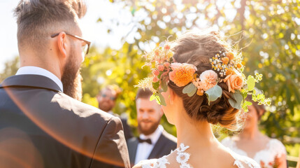 Beautiful outdoor wedding ceremony with bride and groom surrounded by nature and sunny light, showcasing floral headpiece and elegant attire, capturing love and joy of the moment