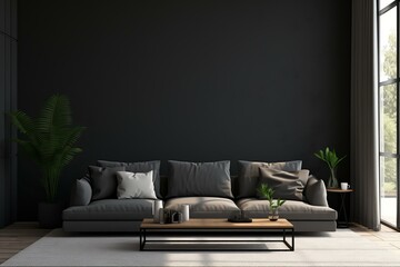 Poster - Modern minimalist living room interior with a gray sofa, coffee table, houseplants, and a large window, creating a stylish and relaxing atmosphere