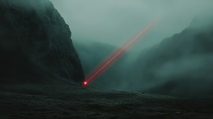 Sticker - Red Laser Beam Illuminates Foggy Mountain Landscape