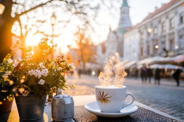 Poster - An ultra-detailed close-up of a coffee cup served at a Zagreb cafÃ©, with intricate latte art and steam rising, set against a backdrop of a cobblestone street