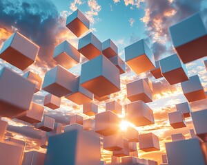 Poster - Abstract sunset sky with floating cubes.