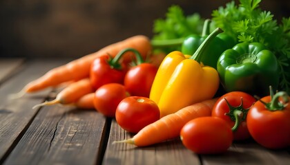 Wall Mural - Fresh Vegetables: Carrots, Tomatoes, Peppers, and Parsley on a Rustic Wood Surface