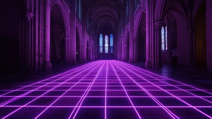 Poster - Purple Neon Grid Pathway In Gothic Cathedral