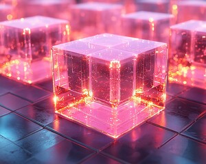 Poster - Glowing pink glass cubes on dark surface.