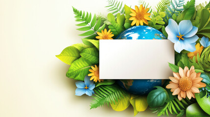 Colorful Floral and Leafy Frame Surrounding a Blue Earth Globe on a Soft Background