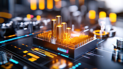 Leinwandbilder - 3D digital model of industrial setup featuring glowing metallic structures and intricate circuitry. vibrant colors and detailed design evoke sense of advanced technology and innovation