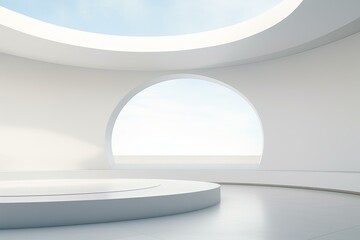 Poster - Round white futuristic empty showcase stage with round ceiling window and sea view