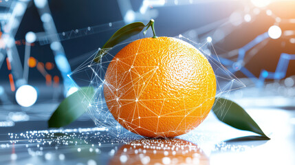 Aufkleber - 3D digital model of orange surrounded by technology, showcasing innovation and creativity. vibrant orange contrasts with abstract tech elements, creating modern aesthetic