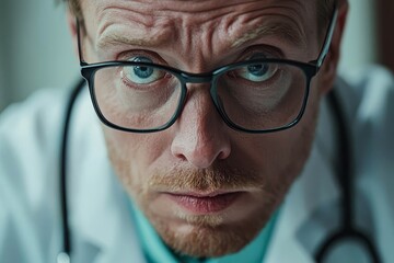 Wall Mural - Man portrait of a doctor wearing a white coat and eyeglasses and a stethoscope looking into the camera on a white background.