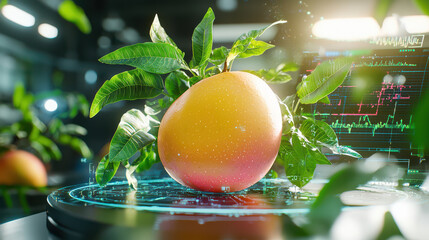 Aufkleber - 3D model of ripe mango on futuristic analysis table surrounded by green leaves, showcasing advanced technology and vibrant colors