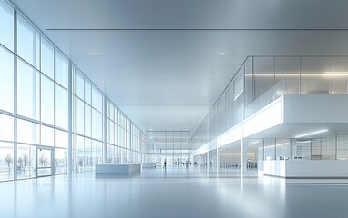 Aufkleber - Modern spacious office interior with large windows and bright lighting.