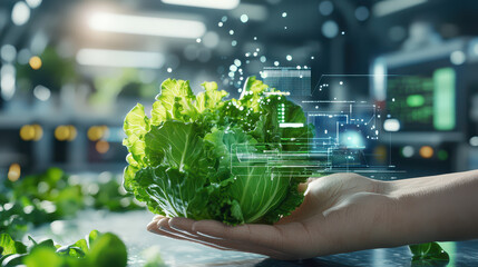 Aufkleber - hand holding fresh green lettuce with digital transformation elements surrounding it, symbolizing innovation in agriculture and technology