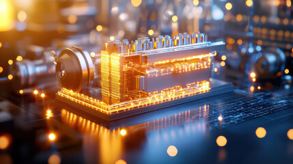 Poster - 3D rendering of industrial model with glowing elements, showcasing advanced technology and intricate details. image conveys sense of innovation and modernity