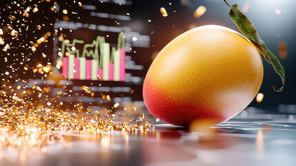 Aufkleber - close up of ripe mango in digital modeling environment, surrounded by sparkling particles and data visualizations, creating vibrant and modern atmosphere