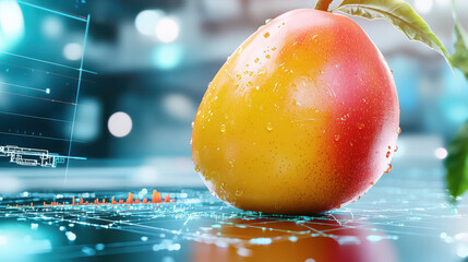 Aufkleber - close up of ripe mango with droplets, set in digital modeling environment, showcasing vibrant colors and futuristic background