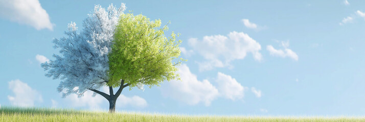 Poster - Panoramic seasonal transition of nature cycle spring winter. Seasonal shift temperature change blooming flower and  sunshine. Migration harvest of melting snow seasonal color of weather changing.