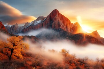 Poster - A breathtaking view of Zion National Park towering red cliffs at sunset, with warm golden light illuminating the rugged canyon walls