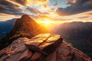 Poster - A breathtaking view of Zion National Park towering red cliffs at sunset, with warm golden light illuminating the rugged canyon walls