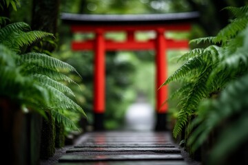 Poster - A calming Zen garden scene with a simple red torii gate framed by delicate ferns and maple leaves, opening onto a raked sand garden