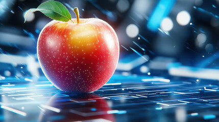 Poster - close up of shiny red apple with green leaf, set in digital modeling environment, surrounded by abstract blue light effects. scene conveys blend of nature and technology