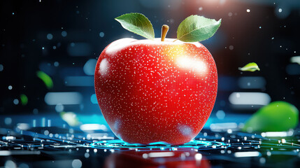 Aufkleber - close up of shiny red apple with leaves in digital environment, surrounded by glowing elements and particles, creating futuristic feel