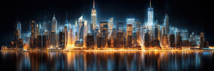 Wall Mural - Giant hologram of a futuristic city illuminating a dark skyline at night