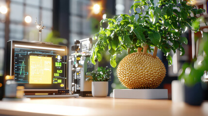 Aufkleber - detailed digital model of durian fruit displayed alongside modern workstation featuring advanced technology and vibrant green plant, creating unique blend of nature and innovation
