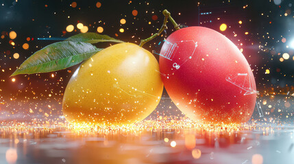 Aufkleber - detailed digital model of ripe mangoes, showcasing vibrant colors and textures, surrounded by sparkling background. image evokes freshness and tropical vibes