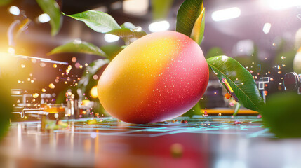 Poster - detailed digital model of ripe mango with vibrant colors and leaves, showcasing futuristic design. image evokes sense of freshness and innovation