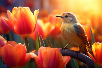 Poster - Small yellow bird with blue wings perching on a branch in a colorful field of orange tulips at sunset