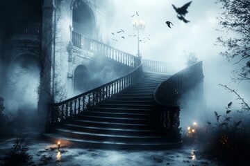 Poster - A dark and moody depiction of a zigzag staircase in an abandoned castle, illuminated by faint candlelight and surrounded by eerie shadows