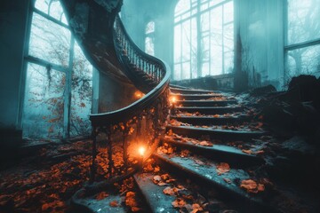 Poster - A dark and moody depiction of a zigzag staircase in an abandoned castle, illuminated by faint candlelight and surrounded by eerie shadows