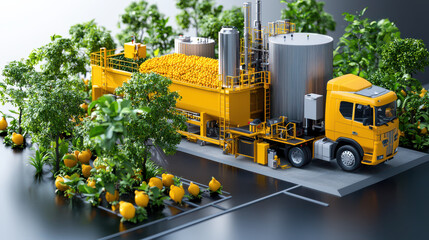 Poster - digital fruit processing model featuring yellow truck, tanks, and orange fruits surrounded by greenery. This scene showcases modern agricultural technology and fruit processing