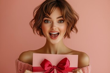 Wall Mural - Young excited smiling excited caucasian happy woman with short hairdo hold large gift voucher flyer mock up looking camera isolated on pastel pink color background studio