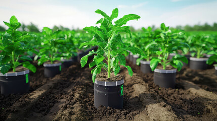 Aufkleber - digital model of cassava farm showcasing innovative agricultural technology. vibrant green plants are arranged in black containers, highlighting modern farming practices