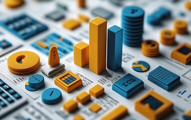 Poster - 3D financial data charts and graphs on documents.