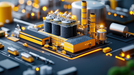 Poster - digital model of charcoal plant featuring industrial structures, storage tanks, and pipelines, showcasing advanced technology and vibrant colors