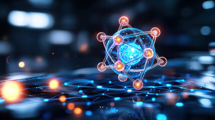 Poster - digital model of chemical element, showcasing glowing atom structure with vibrant colors and intricate connections, representing scientific innovation and technology