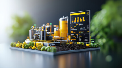 Aufkleber - digital model of coffee production plant showcasing vibrant yellow and green elements, with data analytics displayed on screen, representing modern agricultural technology