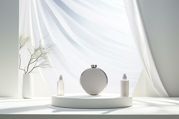 Poster - Elegant beauty products arrangement on a white podium, bathed in soft light filtering through sheer curtains, creating a serene and luxurious atmosphere
