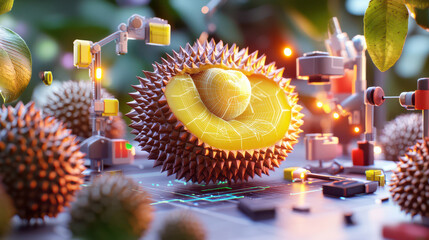 Aufkleber - digital model of durian surrounded by advanced technology, showcasing intricate details and vibrant colors. scene evokes sense of innovation and creativity
