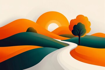 Aufkleber - A flat vector design of a winding trail in Zion, with simple shapes of canyon walls and bright greens representing the trees and vegetation